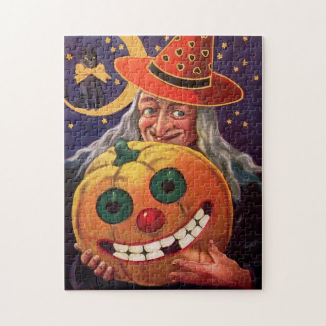 Puzzle Sorcière de Halloween avec le citrouille drôle (Vertical)