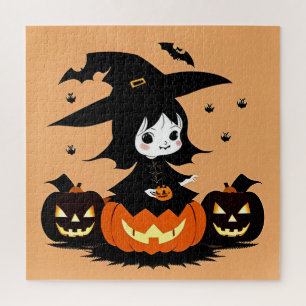 Puzzle Sorcière d'Halloween avec citrouilles