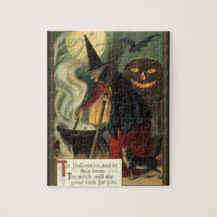 Puzzle Sorcière d'Halloween vintage remuant un chaudron m