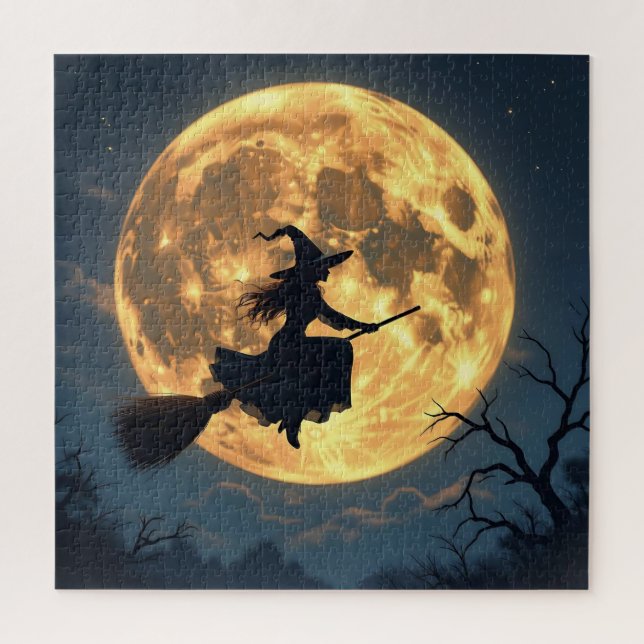 Puzzle Sorcière sur chambre par Pleine lune Halloween (Vertical)