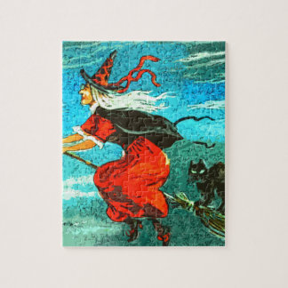 Puzzle Sorcière volante et chat noir Halloween