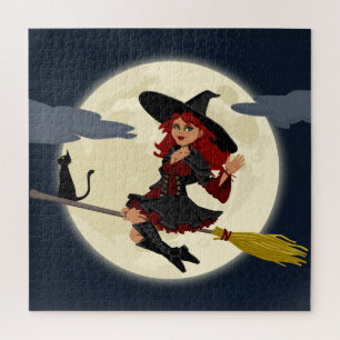Puzzle Sorcière volante, Lune et Chat noir
