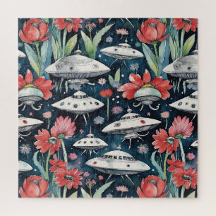 Puzzle Soucoupes à chasse en lunettes et fleurs rouges Ma