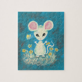 Puzzle Souris blanche avec les fleurs et le papillon