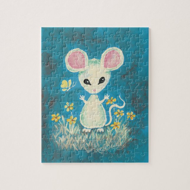 Puzzle Souris blanche avec les fleurs et le papillon (Vertical)