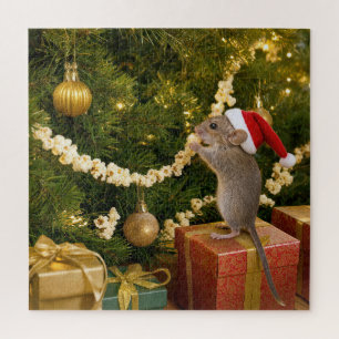 Puzzle Souris de Noël mangeant du pop-corn sur l'arbre