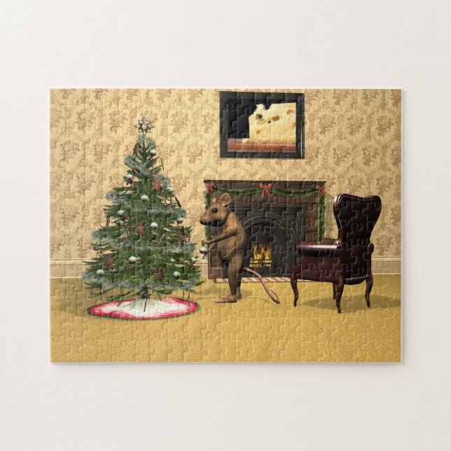 Puzzle Souris mignonne décorant un arbre de Noël (Horizontal)