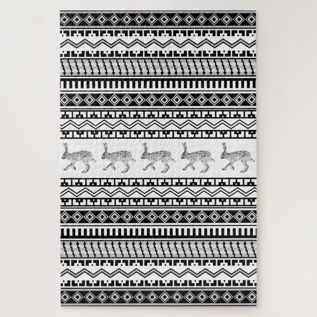 Puzzle Southwest Black and White Rabbit Geometric Pattern (Vertical)