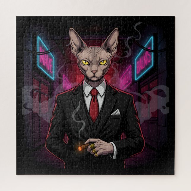 Puzzle Sphynx Mafia Cat in Neon Noir Style (Vertical)