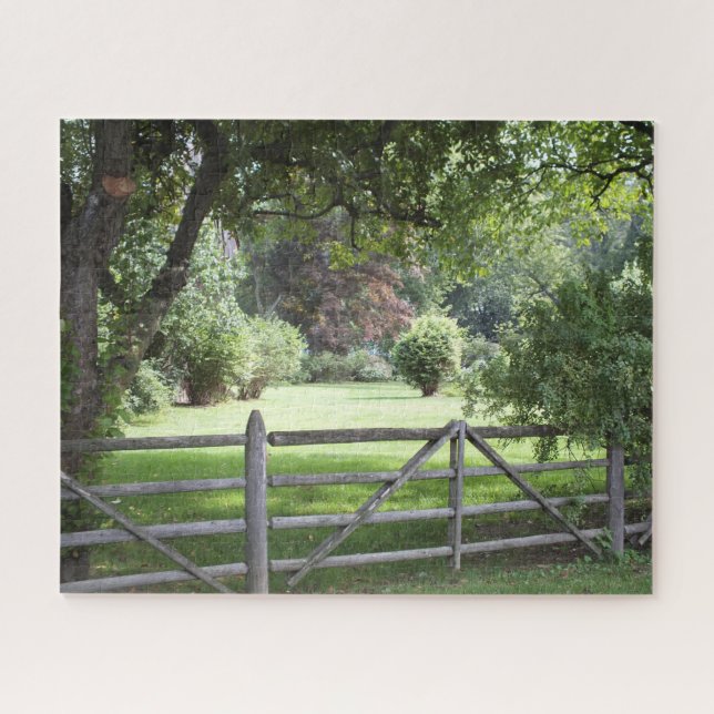 Puzzle Split Rail Fence - green grass landscaped yard (Horizontal)