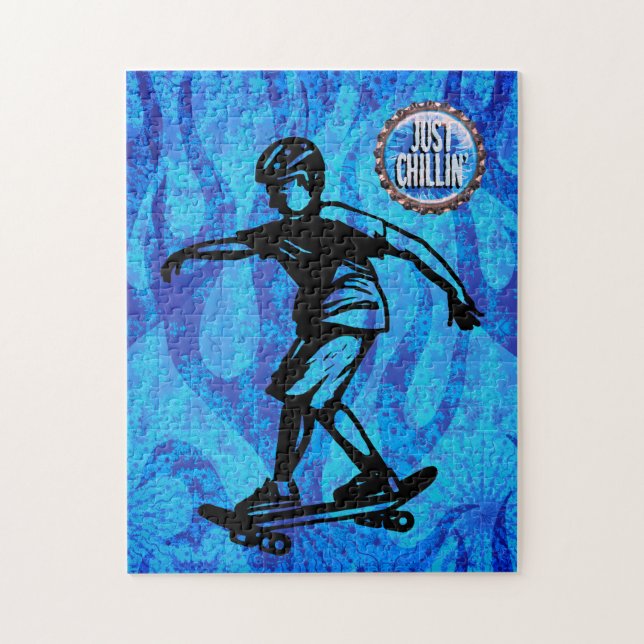 Puzzle Sports Skateboard Boy Blue Flames Just Chillin' (Vertical)