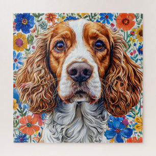Puzzle Springer Spaniel avec fond floral coloré