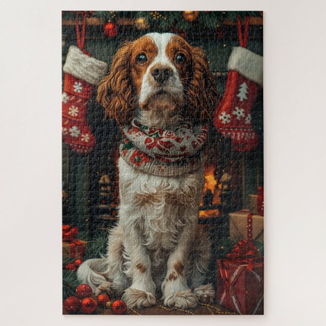 Puzzle Springer Spaniel avec un cadeau de Noël devant la  (Vertical)