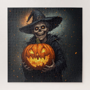 Puzzle Squelette de sorcière avec citrouille lumineuse Ha