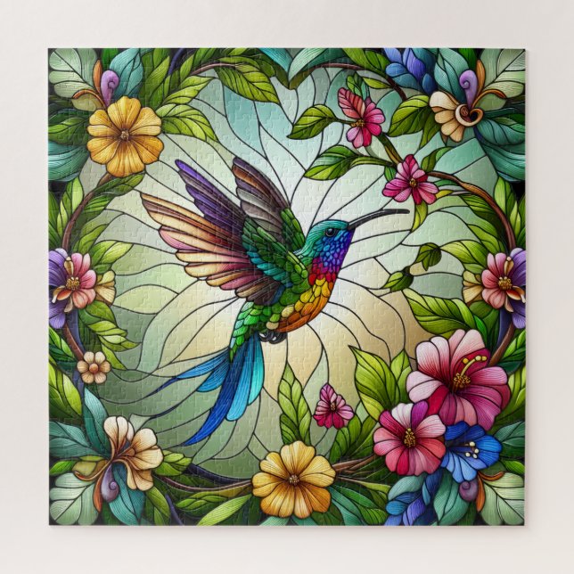 Puzzle Stained Glass Design of Hummingbird (Vertical)