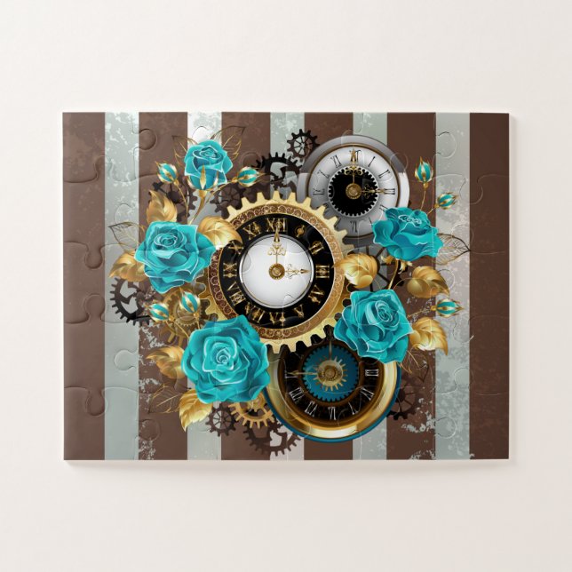 Puzzle Steampunk Clock and Turquoise Roses on Striped (Horizontal)