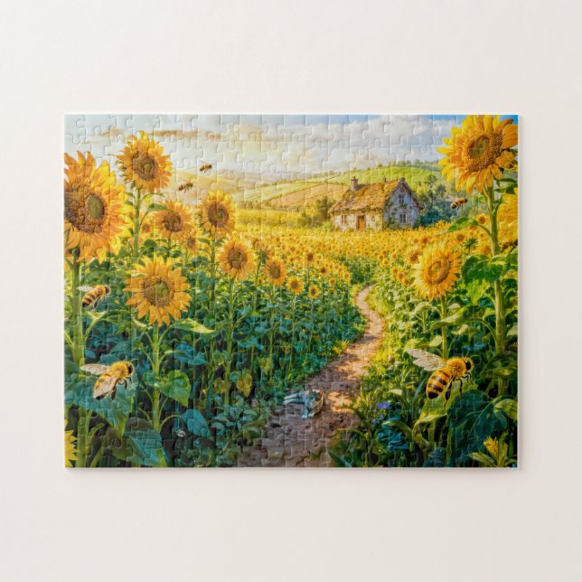 Puzzle Sunflower Path Cottage with Cat and Blossoming Mea (Horizontal)
