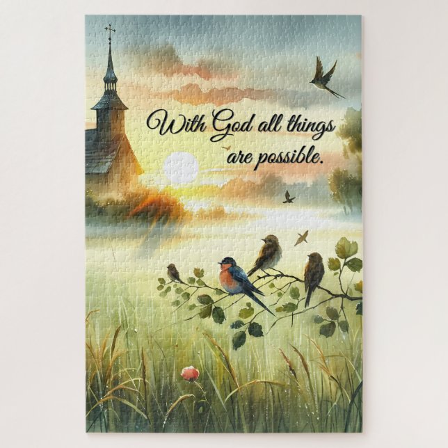 Puzzle Sunrise Church with Birds in Misty Meadow (Vertical)