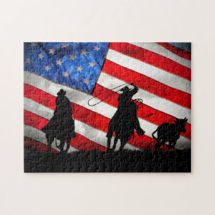 Puzzle Super Cool Cowboys Roping Steer et drapeau