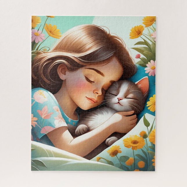 Puzzle Sur l'illustration, une fille et son chat sont dép (Vertical)
