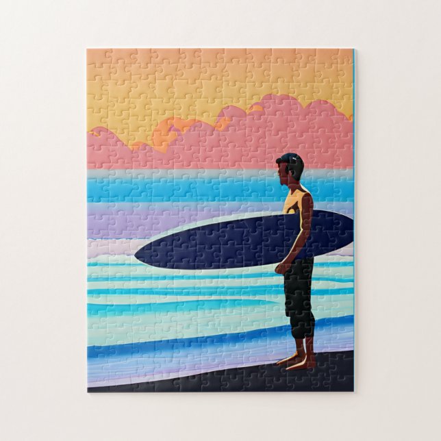 Puzzle Surfer debout sur une plage au coucher du soleil (Vertical)