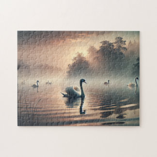 Puzzle Swan Foggy Lake Sunrise Tranquil Nature