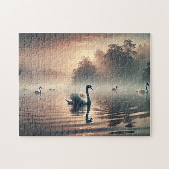 Puzzle Swan Foggy Lake Sunrise Tranquil Nature (Horizontal)