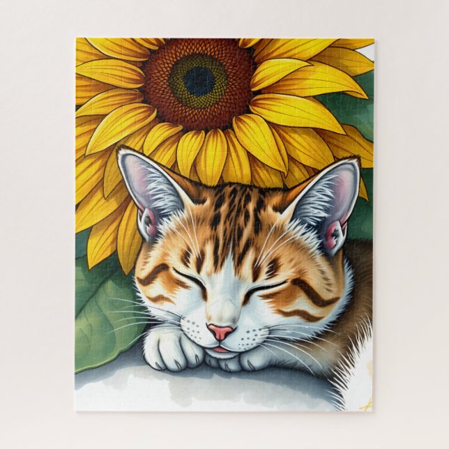 Puzzle Sweet Sleepy Kitty Cat and Sunflowers  (Vertical)