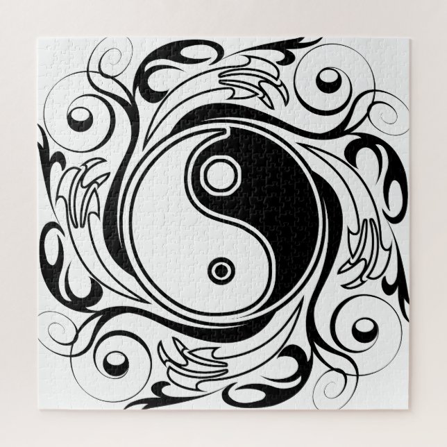 Puzzle Symbole Yin et Yang Style tatouage noir et blanc (Vertical)