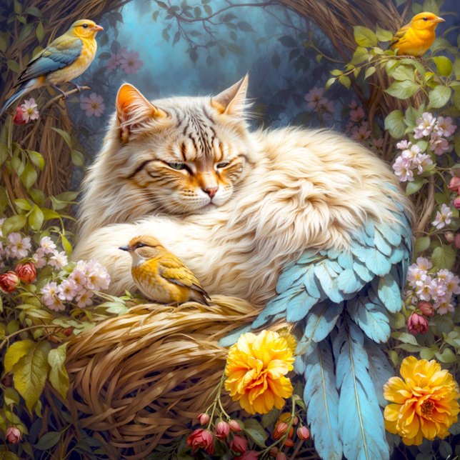 Puzzle Tabby Cat-Bird Nichant Avec Trois Oiseaux (Close- up of artwork)