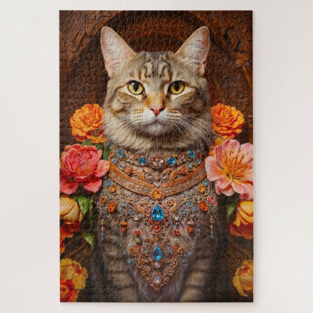 Puzzle Tabby Whimsical avec de belles bijoux et fleurs (Vertical)