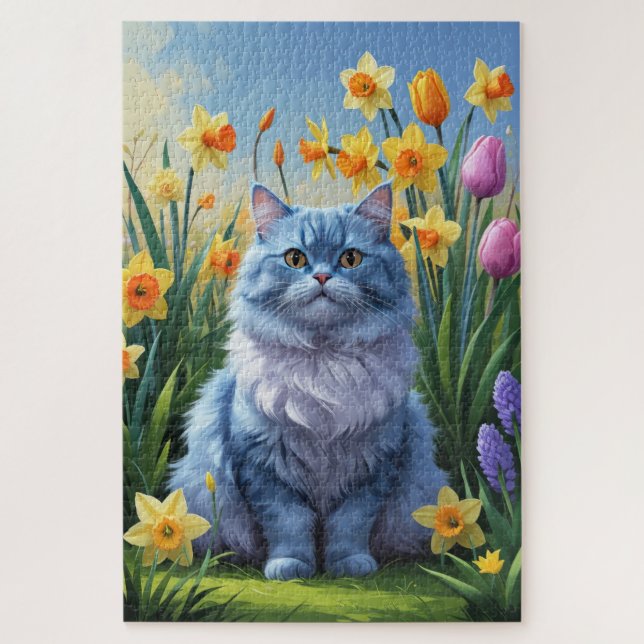 Puzzle Tableau des fleurs de printemps de chats bleus ori (Vertical)