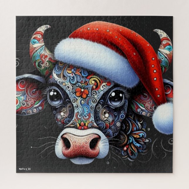 Puzzle Taureau de vache de Noël avec/Santa Hat Art folklo (Vertical)