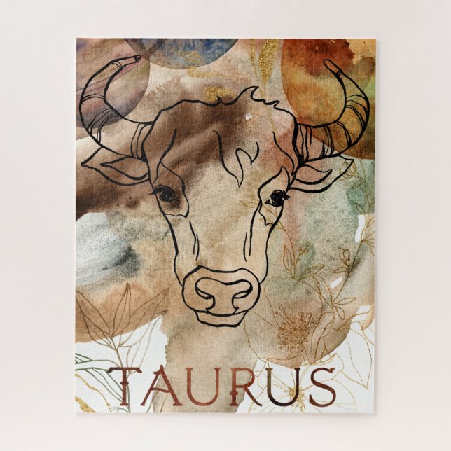 Puzzle Taurus taureau brun or fleurs planète aquarelle (Vertical)
