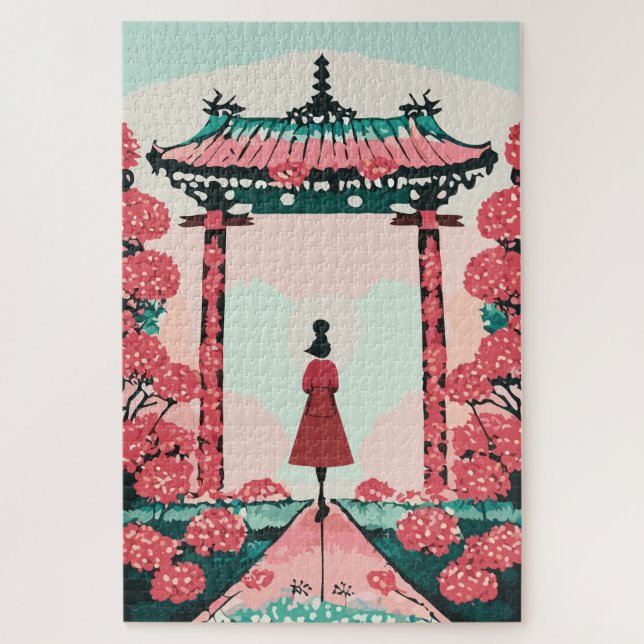 Puzzle Temple japonais aux fleurs rouges et roses (Vertical)