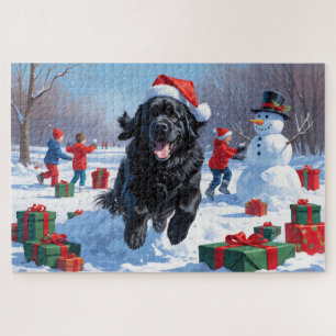 Puzzle Terre-Neuve courant dans la neige avec un chapeau