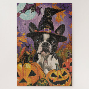 Puzzle Terrorisant Terrier de Boston Sorcière et Citrouil