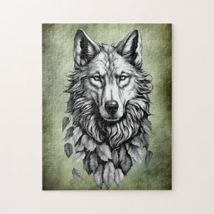 Puzzle tête de loup animal feuille dessin d'art original