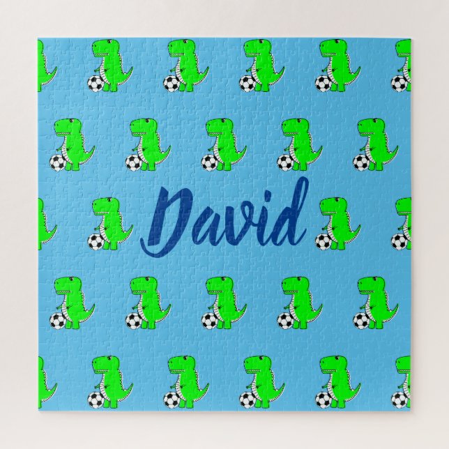 Puzzle Tête Vert Soccer Dino T-Rex Sur Bleu (Vertical)