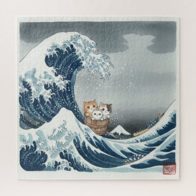 Puzzle The Great Wave off Kanagawa with Cute Kittens (Vertical)