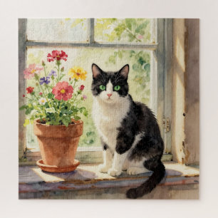 Puzzle Thème aquarelle chat et fleurs