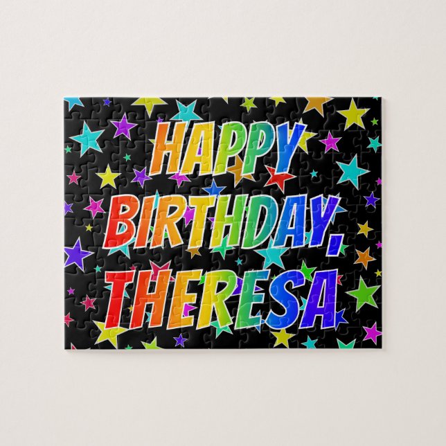 Puzzle "THERESA" Prénom, Amusant "HEUREUX ANNIVERSAIRE" (Horizontal)
