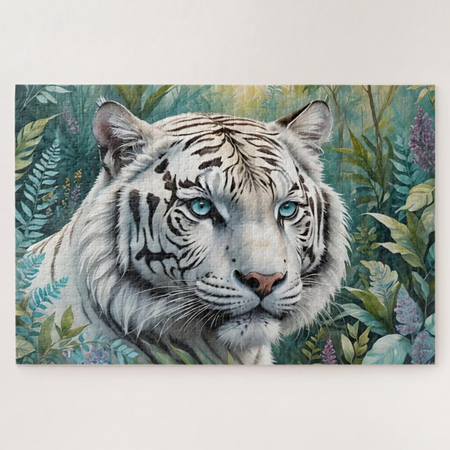 Puzzle Tigre blanc dans une jungle bleue verte (Horizontal)
