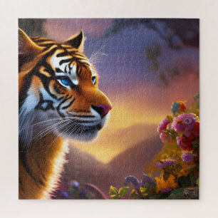 Puzzle Tigre bleu et fleurs roses