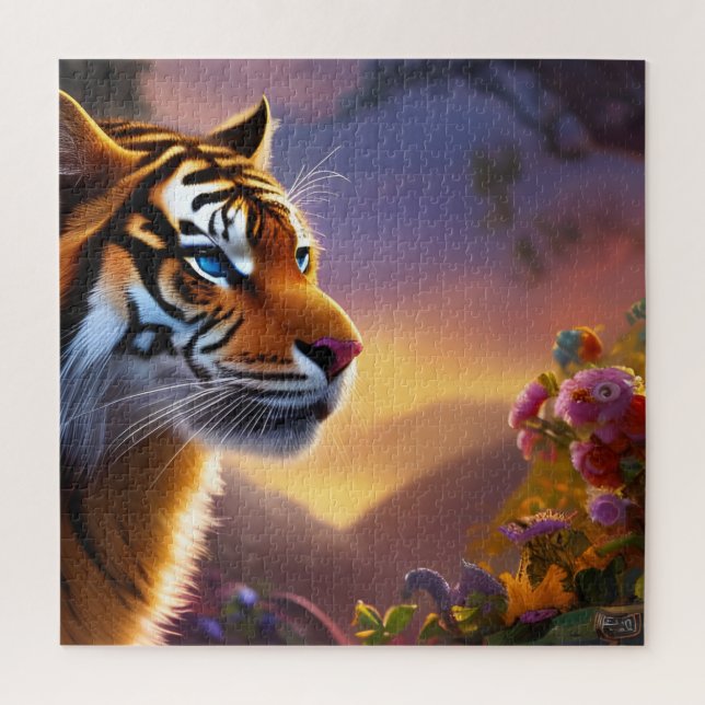 Puzzle Tigre bleu et fleurs roses (Vertical)