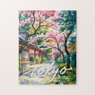 Puzzle Tokyo Cerisier à Fleur Aquarelle Japon Traditionne