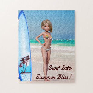 Puzzle Toon Surfer Girl Posing sur le bord de mer