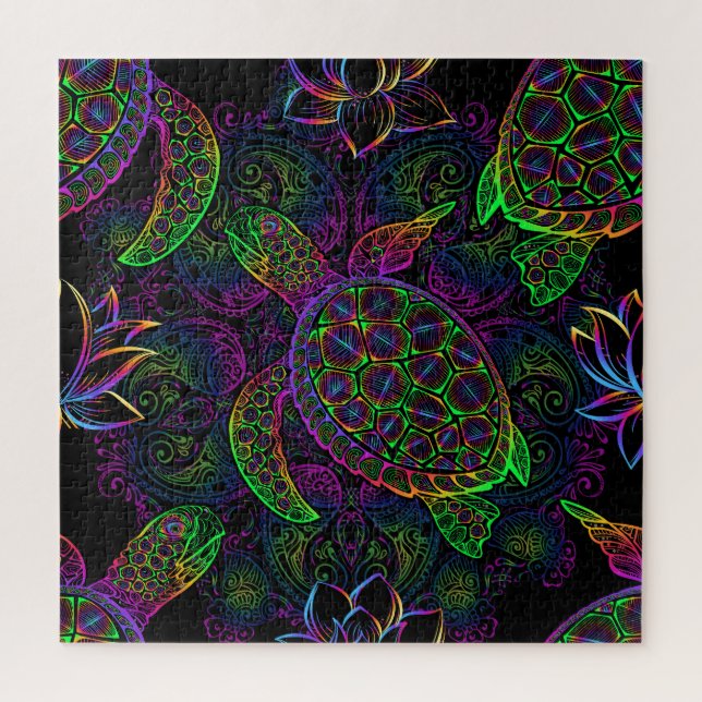 Puzzle Tortue de mer Boho : Motif psychédélique mandala (Vertical)