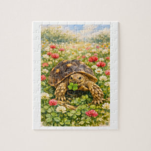 Puzzle Tortue Sulcata à l'aquarelle avec trèfle porte-bon