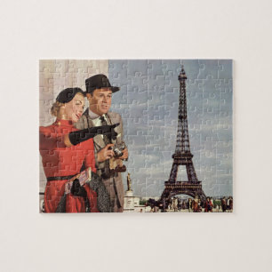 Puzzle Touristes vintage voyageant à Paris Tour Eiffel